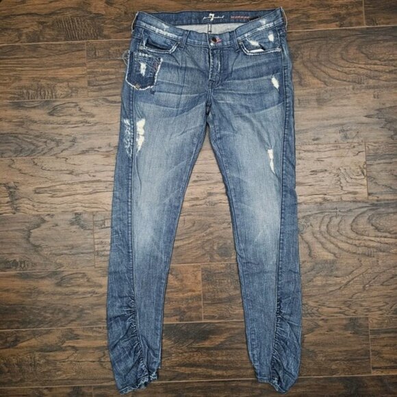 7 For All Mankind Womens 30 Blue Roxanne Ruched Leg Jeans Dostressed Pink Accent - Picture 1 of 8